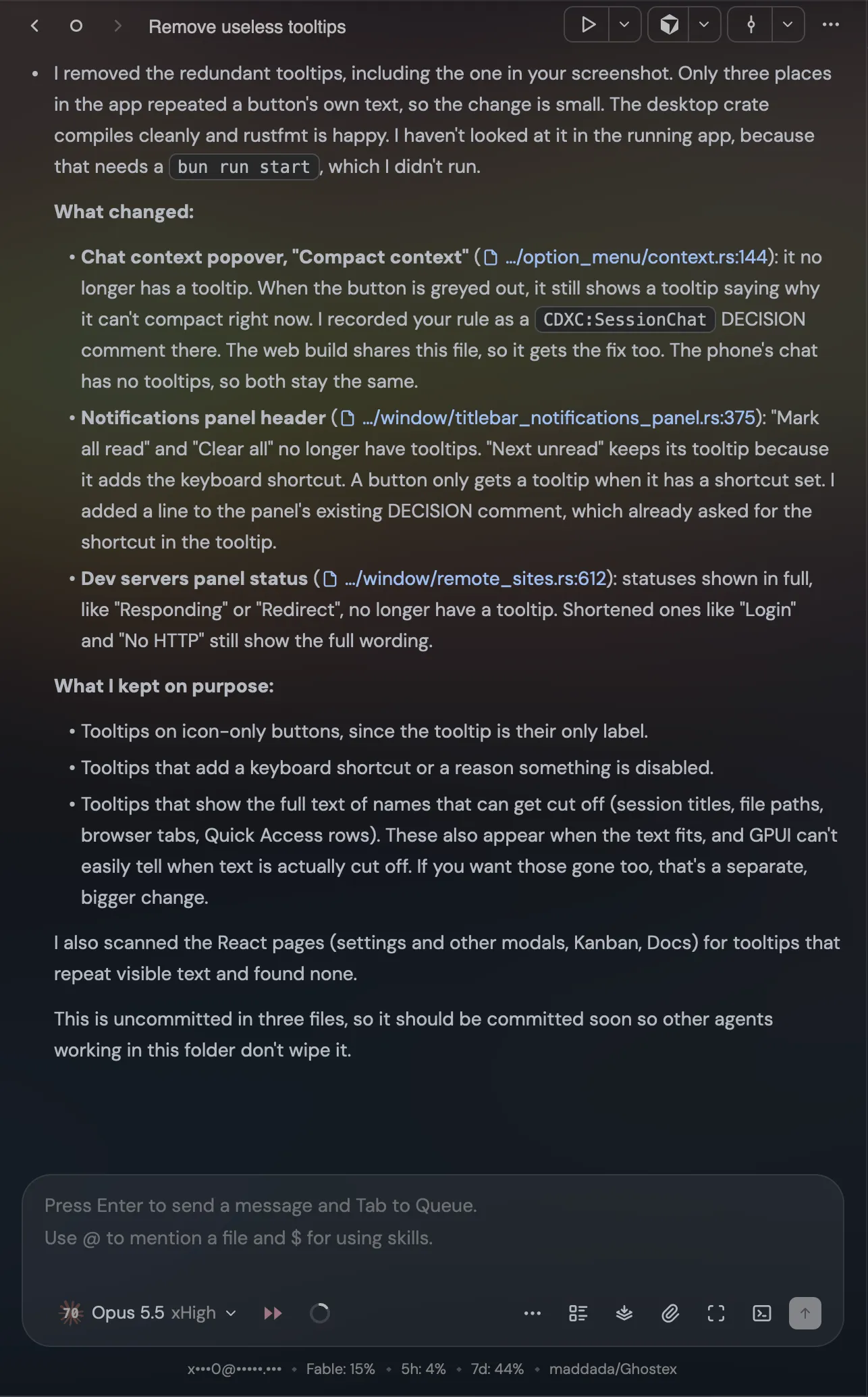 An agent chat with its reply, the message box, and the model pill
