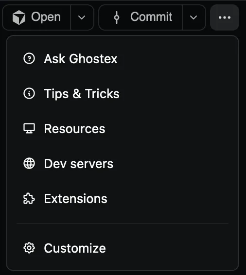 The ⋯ menu in the header, with Ask Ghostex at the top