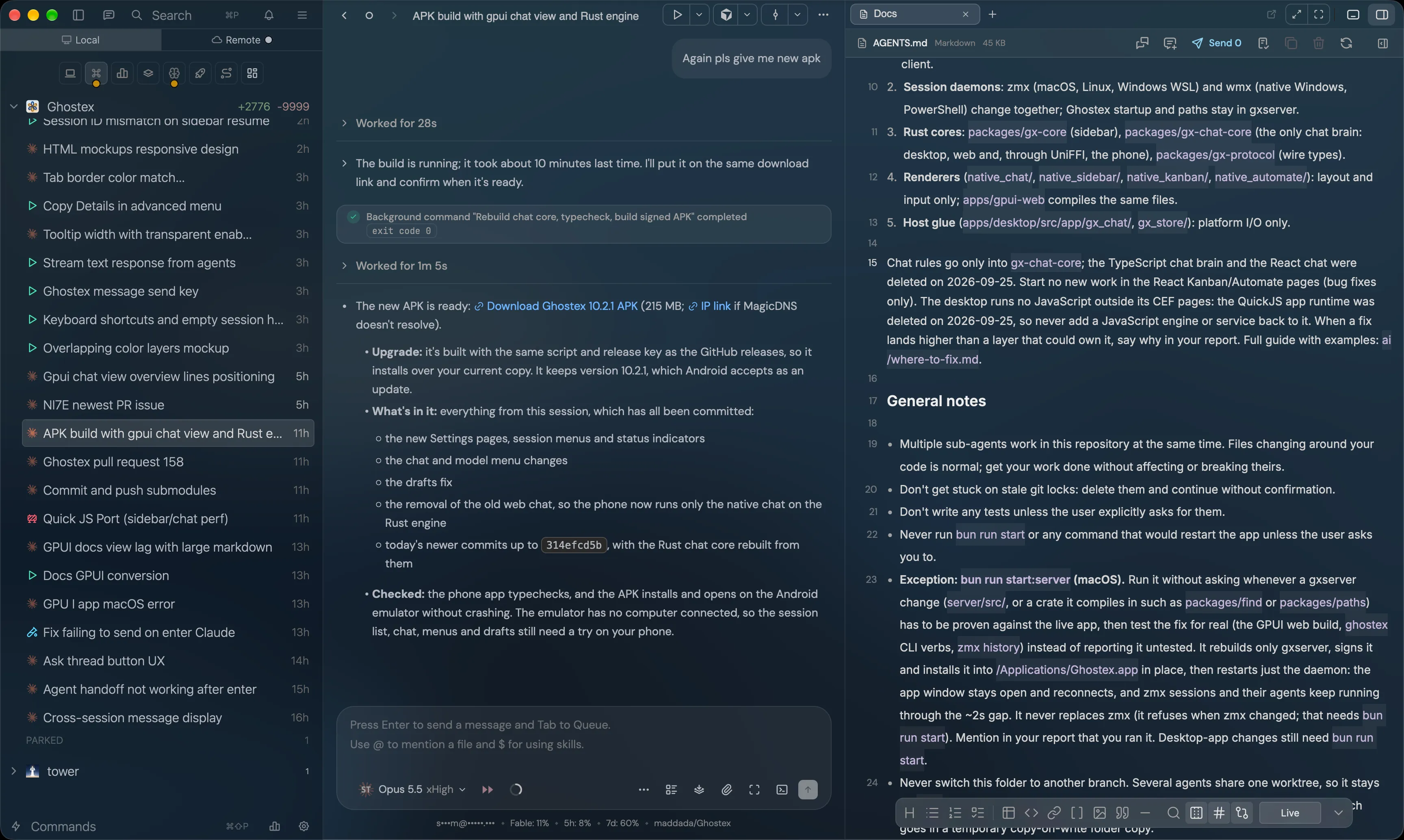 Ghostex with projects and sessions on the left, an agent chat in the middle, and the Docs view open on the right