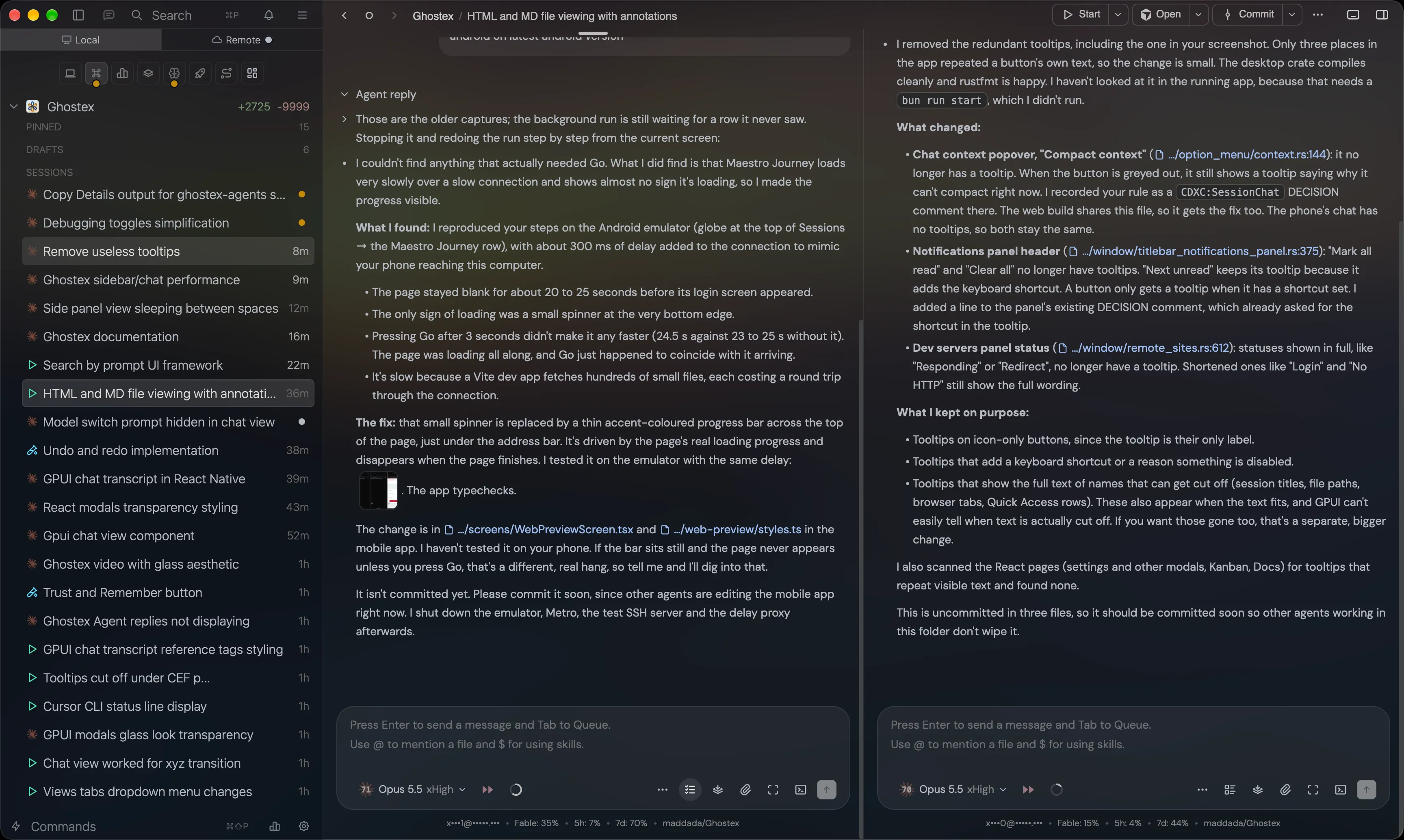 Two agent chats side by side in a split