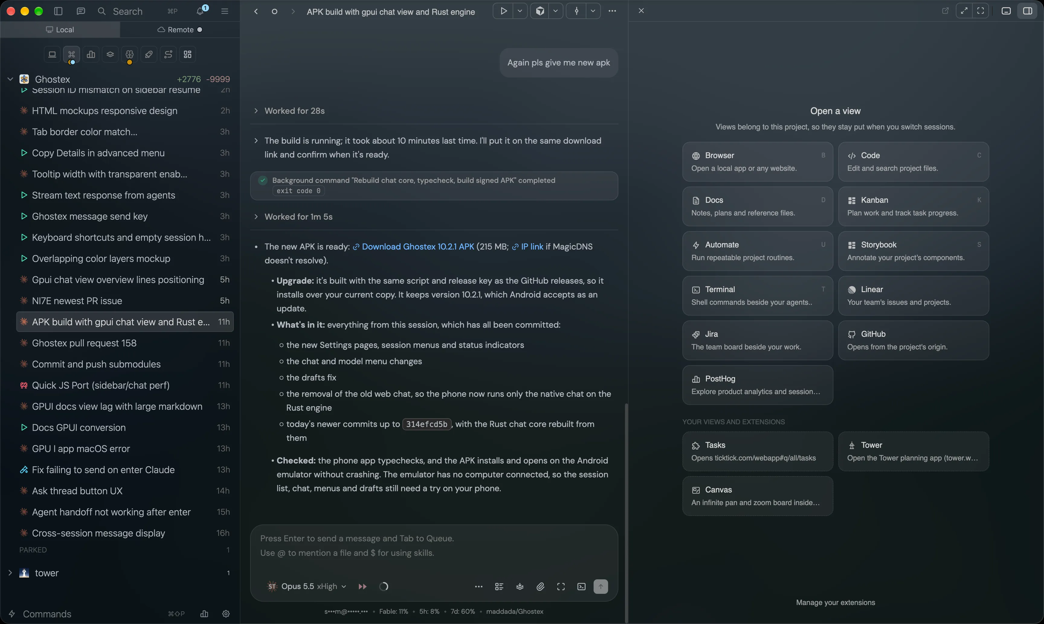 The Open a view picker in the view panel, beside an agent chat